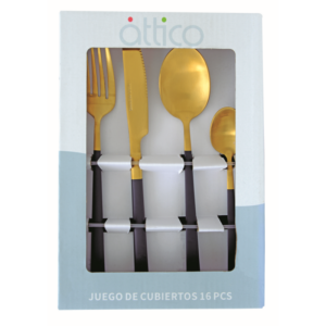 ATTICO 16-PIECE BLACK WITH GOLD CUTLERY SET QD3059-16